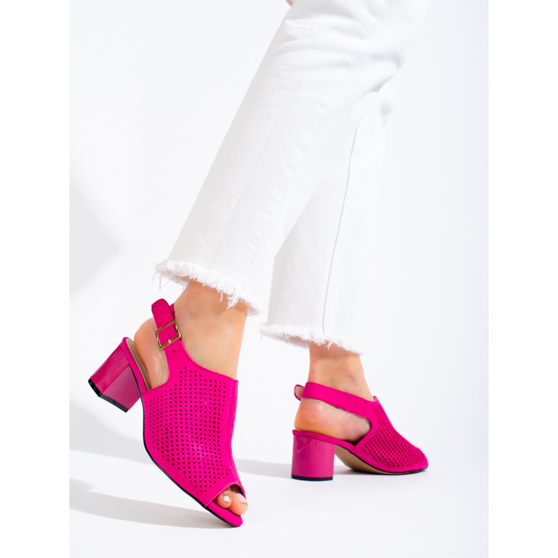 Sandales à talons en daim fuchsia ajouré pour femmes Shelovet rose 2