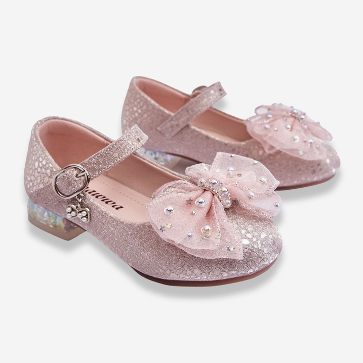 PA1 Ballerines Enfant Avec Noeud Velcro Argenté-Rose Nicola 2