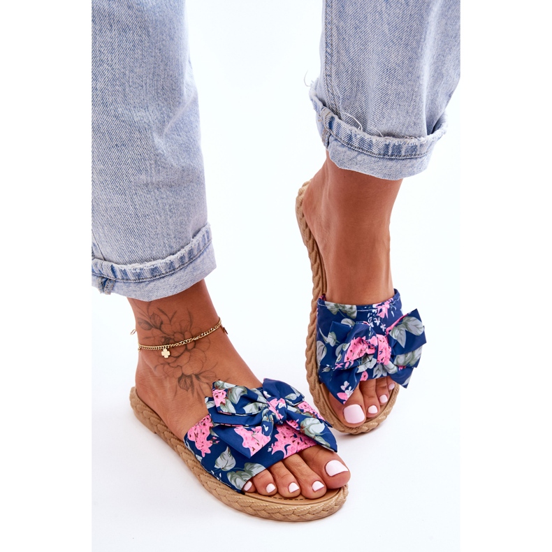 FK1 Chaussons Femme Avec Nœud Tissu Fleur Bleu Marine 2